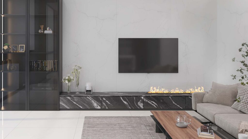 "A modern showroom displaying high-quality porcelain tiles with various finishes, including marble, wood, and concrete effects. The image highlights the durability, versatility, and innovative glazes such as Carving, Evodry, and Sugar glaze."